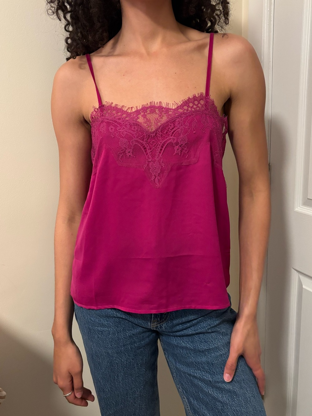 Lace-Trim Spaghetti Strap Cami in Fuchsia